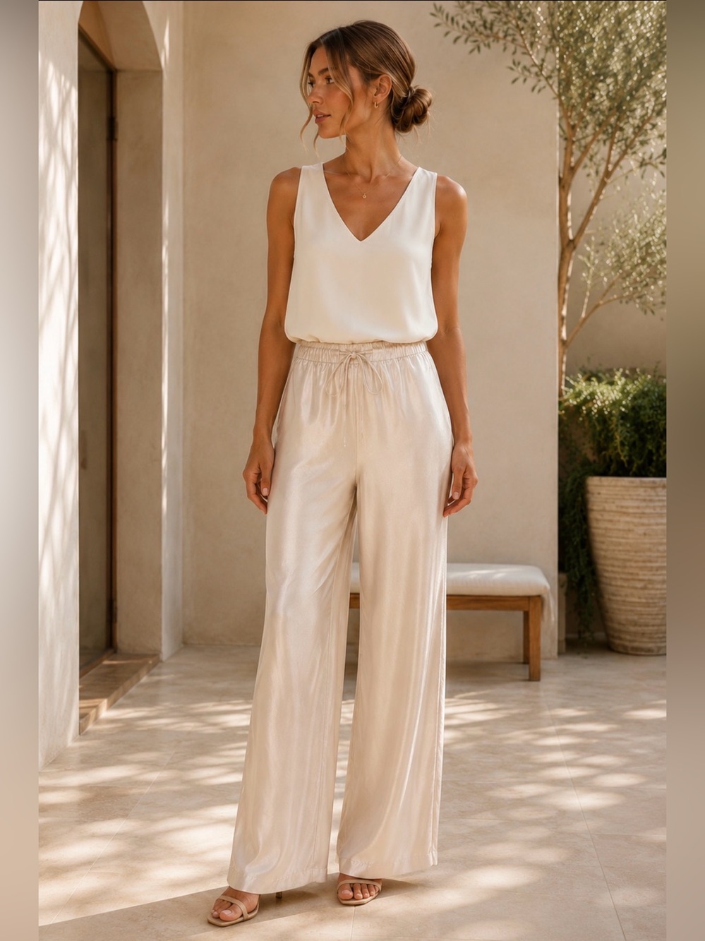 Reformation NWOT Champagne Satin Drawstring Wide Leg Pants Size L